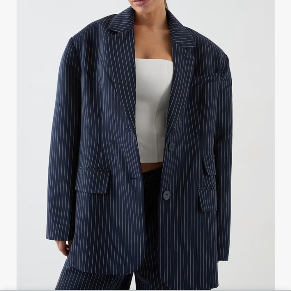 Misspap oversized pinstriped blue blazer. A must-have for Fall.